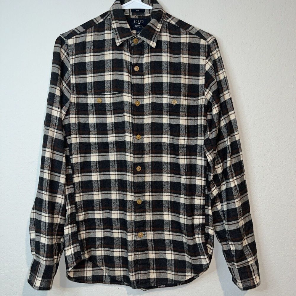 Men’s J Crew Flannel Button Up Plaid Shirt Slim XS Brown Gray Beige